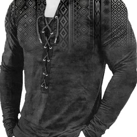 Bohemian Style Pattern Men's Vintage Long Sleeve Henley Tee, Spring Fall, Gift For Men