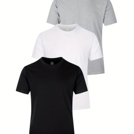 3pcs Multi Color Men's Solid Cotton Casual Short Sleeve T-Shirts Set, Basic Crew Neck Tees For Summer