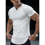 Solid Color Men's Comfy V-Neck Medium Stretch T-shirt, Men's Summer Clothes, Men's Outfits