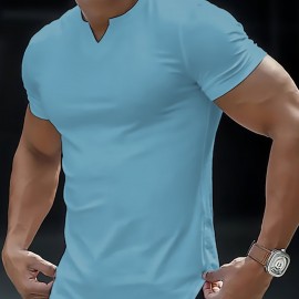 Solid Color Men's Comfy V-Neck Medium Stretch T-shirt, Men's Summer Clothes, Men's Outfits