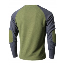 Color Block Men's Comfy Long Raglan Sleeve Round Neck Henley Shirt, Spring Fall Sports Top