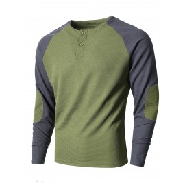 Color Block Men's Comfy Long Raglan Sleeve Round Neck Henley Shirt, Spring Fall Sports Top