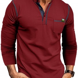 Retro Henley Shirt, Men's Casual V-Neck Pullover Long Sleeve Tshirts For Spring Fall, Men's Clothing