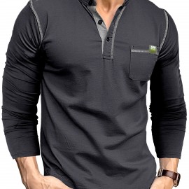 Retro Henley Shirt, Men's Casual V-Neck Pullover Long Sleeve Tshirts For Spring Fall, Men's Clothing