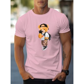 Toy Bear Print T-shirt, Men's Casual Street Style Stretch Round Neck Tee Shirt For Summer