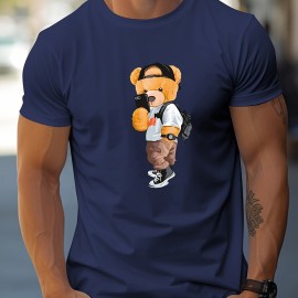 Toy Bear Print T-shirt, Men's Casual Street Style Stretch Round Neck Tee Shirt For Summer