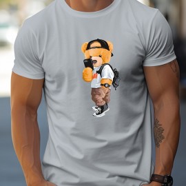 Toy Bear Print T-shirt, Men's Casual Street Style Stretch Round Neck Tee Shirt For Summer