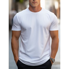 Simple Solid Color T-shirt, Men's Casual Street Style Stretch Round Neck Tee Shirt For Summer