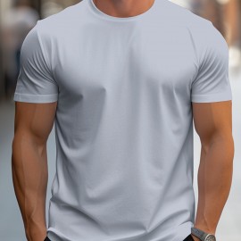 Simple Solid Color T-shirt, Men's Casual Street Style Stretch Round Neck Tee Shirt For Summer