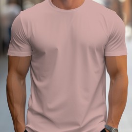 Simple Solid Color T-shirt, Men's Casual Street Style Stretch Round Neck Tee Shirt For Summer