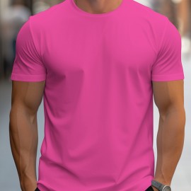 Simple Solid Color T-shirt, Men's Casual Street Style Stretch Round Neck Tee Shirt For Summer