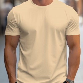 Simple Solid Color T-shirt, Men's Casual Street Style Stretch Round Neck Tee Shirt For Summer