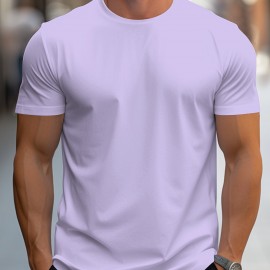 Simple Solid Color T-shirt, Men's Casual Street Style Stretch Round Neck Tee Shirt For Summer