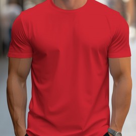 Simple Solid Color T-shirt, Men's Casual Street Style Stretch Round Neck Tee Shirt For Summer