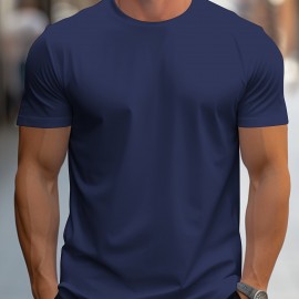 Simple Solid Color T-shirt, Men's Casual Street Style Stretch Round Neck Tee Shirt For Summer