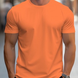 Simple Solid Color T-shirt, Men's Casual Street Style Stretch Round Neck Tee Shirt For Summer