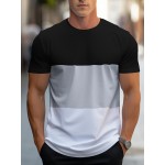 Trendy Color Block T-shirt, Men's Casual Street Style Stretch Round Neck Tee Shirt For Summer