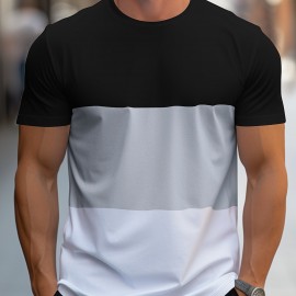 Trendy Color Block T-shirt, Men's Casual Street Style Stretch Round Neck Tee Shirt For Summer