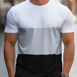 Trendy Color Block T-shirt, Men's Casual Street Style Stretch Round Neck Tee Shirt For Summer