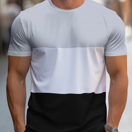 Trendy Color Block T-shirt, Men's Casual Street Style Stretch Round Neck Tee Shirt For Summer