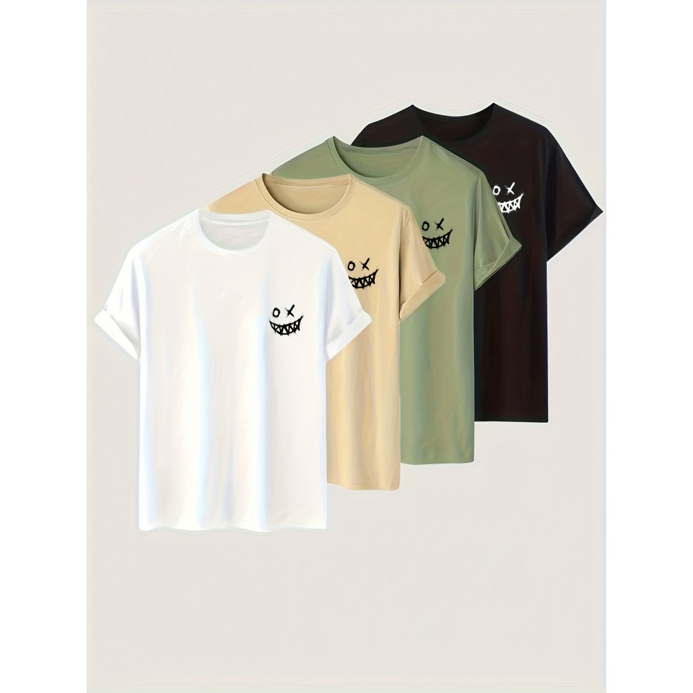 4 Pcs Men's Smiling Face Print T-shirt, Casual Comfy Crew Neck Tee, Men's Clothing For Summer Outdoor