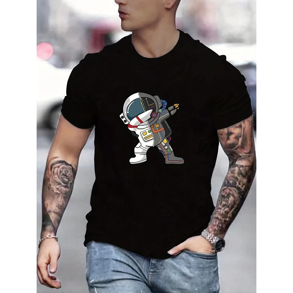 Astronaut In Victory Pose Print T Shirt, Tees For Men, Casual Short Sleeve Tshirt For Summer Spring Fall, Tops As Gifts