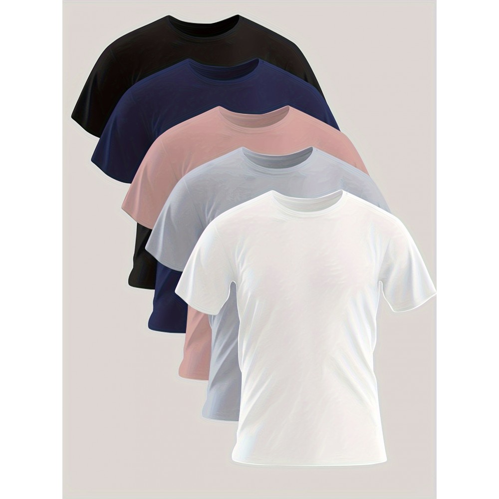 5pcs Solid Breathable Men's Short Sleeve Crew Neck T-shirts Set, Summer Outdoor Workout