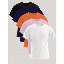 5 Pcs Crew Neck Men's Fashionable Summer Short Sleeve Sports T-shirts, Comfortable And Versatile