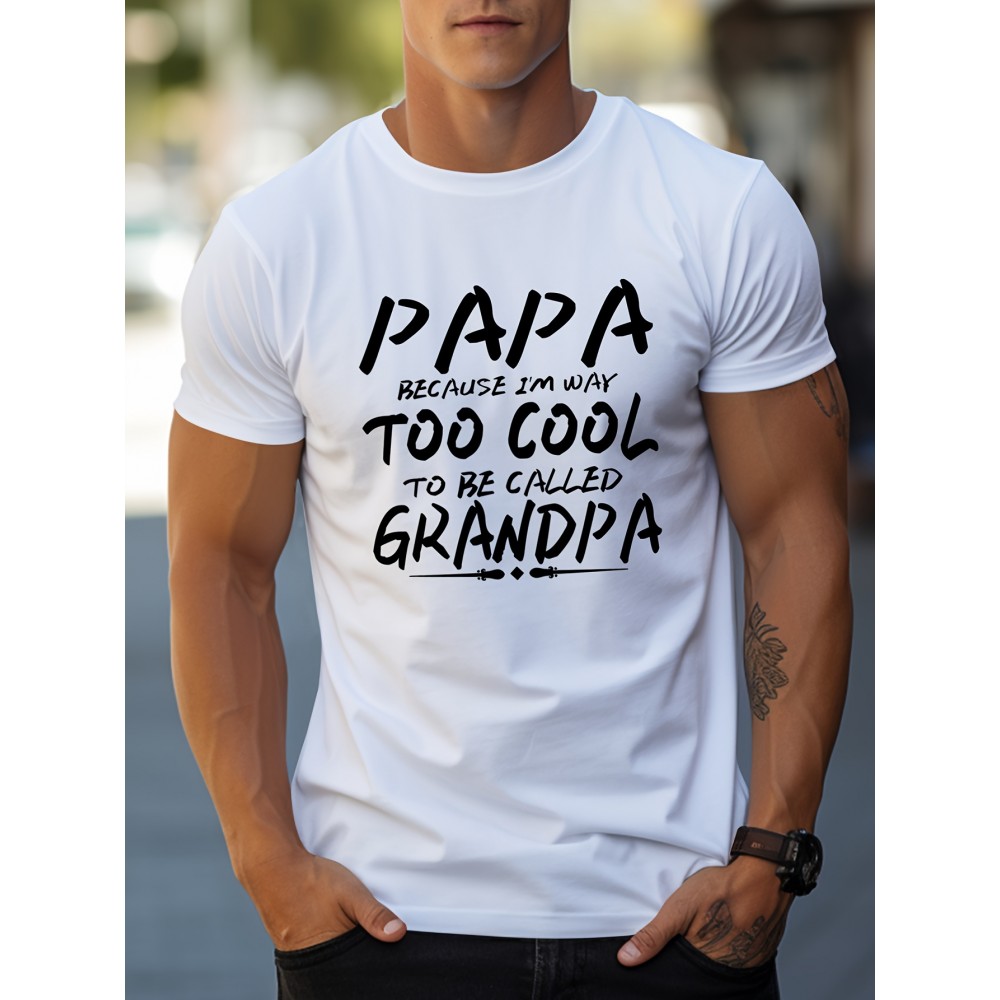 Papa & Grandpa Letter Print Men's T-shirt, Crew Neck Short Sleeve Tops, Graphic Tee Men's Summer Clothes, Men's Outfits