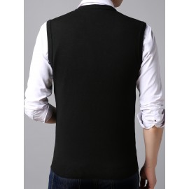 Men's V-neck Solid Casual Sleeveless Knitted Sweater Vest, Men's Clothing For Autumn Winter