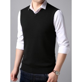 Men's V-neck Solid Casual Sleeveless Knitted Sweater Vest, Men's Clothing For Autumn Winter