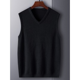 Men's V-neck Solid Casual Sleeveless Knitted Sweater Vest, Men's Clothing For Autumn Winter