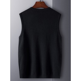 Men's V-neck Solid Casual Sleeveless Knitted Sweater Vest, Men's Clothing For Autumn Winter