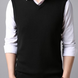 Men's V-neck Solid Casual Sleeveless Knitted Sweater Vest, Men's Clothing For Autumn Winter