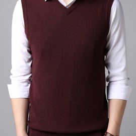 Men's V-neck Solid Casual Sleeveless Knitted Sweater Vest, Men's Clothing For Autumn Winter