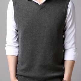 Men's V-neck Solid Casual Sleeveless Knitted Sweater Vest, Men's Clothing For Autumn Winter