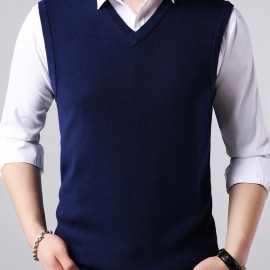 Men's V-neck Solid Casual Sleeveless Knitted Sweater Vest, Men's Clothing For Autumn Winter