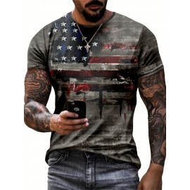 Retro Stars And Stripes Print, Men's Graphic Design Crew Neck Active T-shirt, Casual Comfy Tees Tshirts For Summer, Men's Clothing Tops For Daily Gym Workout Running