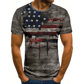 Retro Stars And Stripes Print, Men's Graphic Design Crew Neck Active T-shirt, Casual Comfy Tees Tshirts For Summer, Men's Clothing Tops For Daily Gym Workout Running