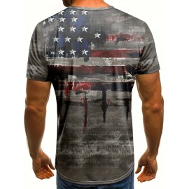 Retro Stars And Stripes Print, Men's Graphic Design Crew Neck Active T-shirt, Casual Comfy Tees Tshirts For Summer, Men's Clothing Tops For Daily Gym Workout Running