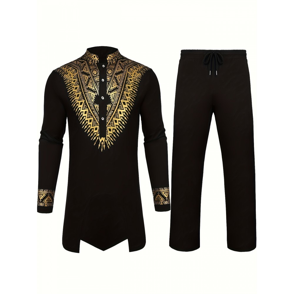 Mens African 2-Piece Set Metallic Traditional Suit Golden Pattern Print Mens Cotton African Dashiki Shirt And Pants Outfit