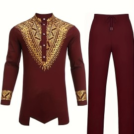 Mens African 2-Piece Set Metallic Traditional Suit Golden Pattern Print Mens Cotton African Dashiki Shirt And Pants Outfit