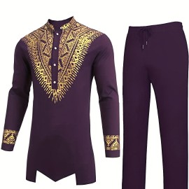 Mens African 2-Piece Set Metallic Traditional Suit Golden Pattern Print Mens Cotton African Dashiki Shirt And Pants Outfit