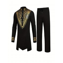 Mens African 2-Piece Set Metallic Traditional Suit Golden Pattern Print Mens Cotton African Dashiki Shirt And Pants Outfit