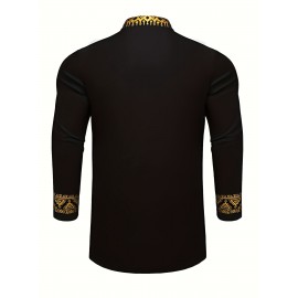 Mens African 2-Piece Set Metallic Traditional Suit Golden Pattern Print Mens Cotton African Dashiki Shirt And Pants Outfit