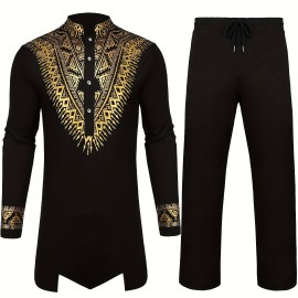 Mens African 2-Piece Set Metallic Traditional Suit Golden Pattern Print Mens Cotton African Dashiki Shirt And Pants Outfit