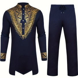 Mens African 2-Piece Set Metallic Traditional Suit Golden Pattern Print Mens Cotton African Dashiki Shirt And Pants Outfit