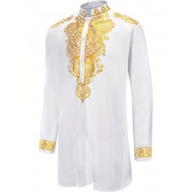 Dashiki for Men 2 Piece Set Long Sleeve Casual African Suits Lightweight Traditional Gold Dress Shirts