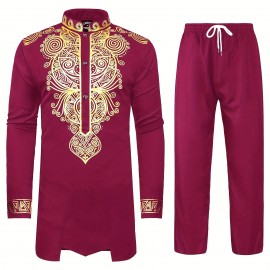 Dashiki for Men 2 Piece Set Long Sleeve Casual African Suits Lightweight Traditional Gold Dress Shirts