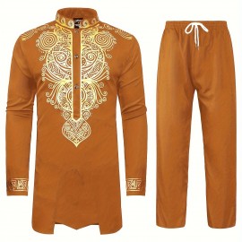 Dashiki for Men 2 Piece Set Long Sleeve Casual African Suits Lightweight Traditional Gold Dress Shirts